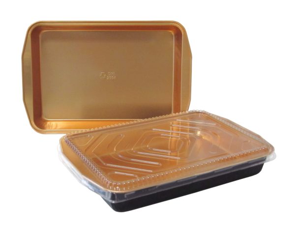 Durable Packaging 9664-PT-25 108 oz. Black Diamond and Gold Extra Large Foil Entree / Take Out Pan with Dome Lid - 25/Case