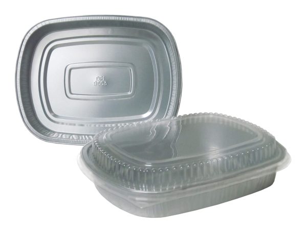 Durable Packaging 9553-SL-50 65.6 oz. Smooth Silver Large Entree / Take Out Pan with Dome Lid - 50/Case