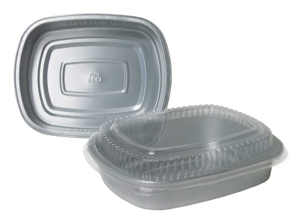 Durable Packaging 9442-SL-50 47.4 oz. Smooth Silver Medium Entree / Take Out Pan with Dome Lid - 50/Case