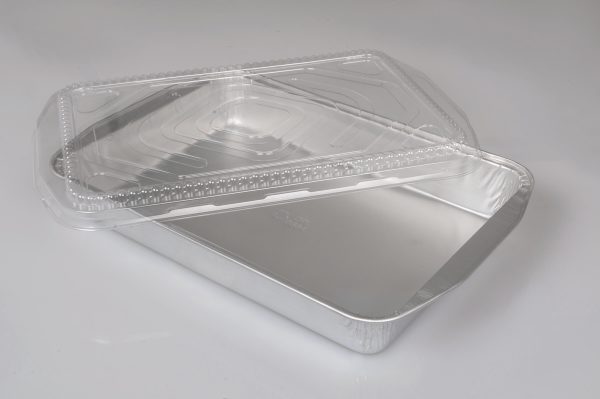 Durable Packaging 9664-SL-25 108 oz. Smooth Silver Extra Large Entree / Take Out Pan with Dome Lid - 5/Pack