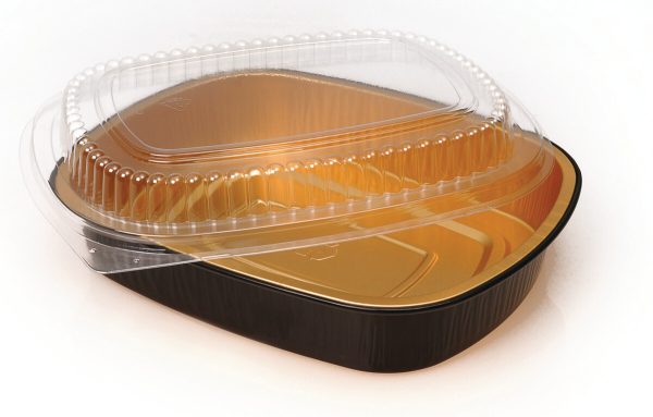 Durable Packaging 944-PT-50 Medium Black and Gold Black Diamond Foil Entree / Take Out Pan with Dome Lid - 50/Case