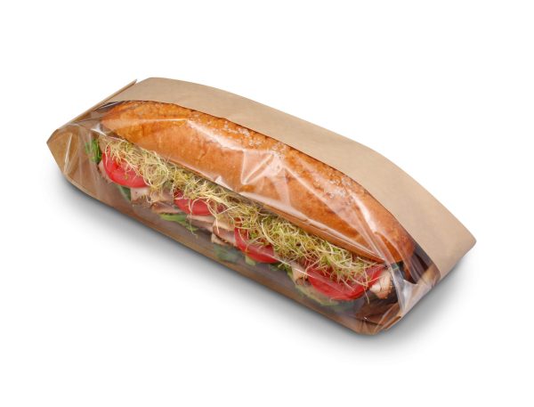 Bagcraft Papercon 300050 3 1/4" x 2" x 10 1/4" Dubl View ToGo! Kraft Window Sandwich / Half Baguette / Bakery Bag - 500/Case