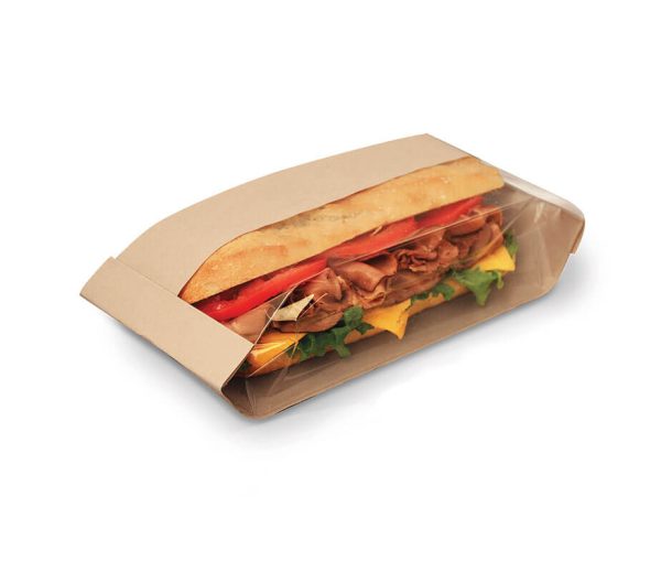 Bagcraft Papercon 300097 4 1/4" x 2 3/4" x 11 3/4" Dubl View ToGo! Kraft Window Half Submarine / Bakery Bag with Tray - 250/Case