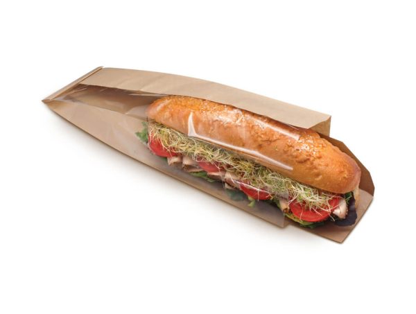 Bagcraft Papercon 300098 4 1/4" x 2 3/4" x 16 1/2" Dubl View ToGo! Kraft Window Submarine / Bakery Bag with Tray - 250/Case