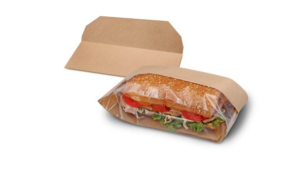 Bagcraft Papercon 300099 5 3/4" x 2 3/4" x 10 1/2" Dubl View ToGo! Kraft Large Window Sandwich / Bakery Bag with Tray - 250/Case