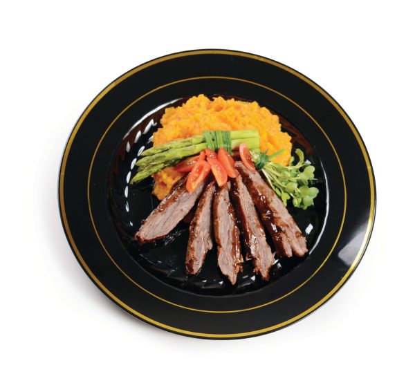 Fineline Silver Splendor 509-BKG 9" Black Plastic Plate with Gold Bands - 12/Pack