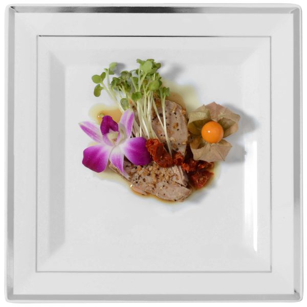 Fineline Silver Splendor 5510-WH 10" White Customizable Plastic Square Plate with Silver Bands - 120/Case